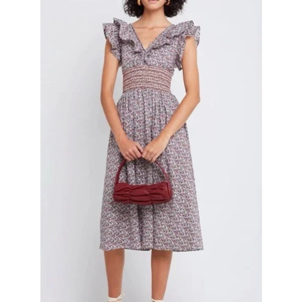 Anthropologie OPT Scilla Midi Dress Floral Ruffle V-Neck Smocked, Purple/ Red